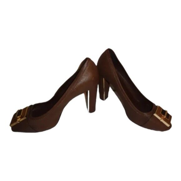 Tory Burch Peep Toe Quentin Landed Capra Fig Brown Leather Heels Size 8.5 - Picture 6 of 12